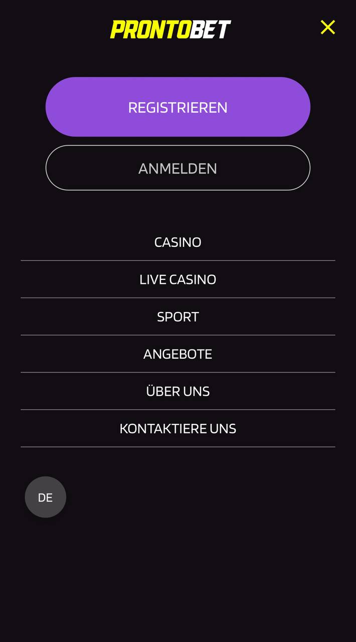 ProntoBet mobiel menu